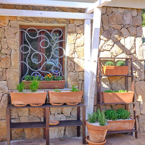 Gefüllte frische Kräutertöpfe an der Aussenwand des Ferienhaus stehen für die kochende Gäste bereit.